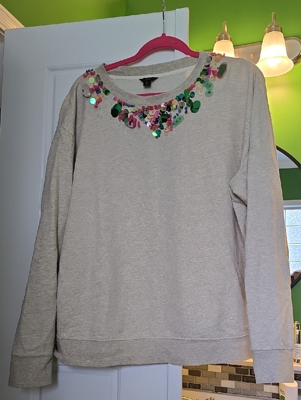 J.Crew Light Tan  Sweatshirt with Pink Sequin Trim